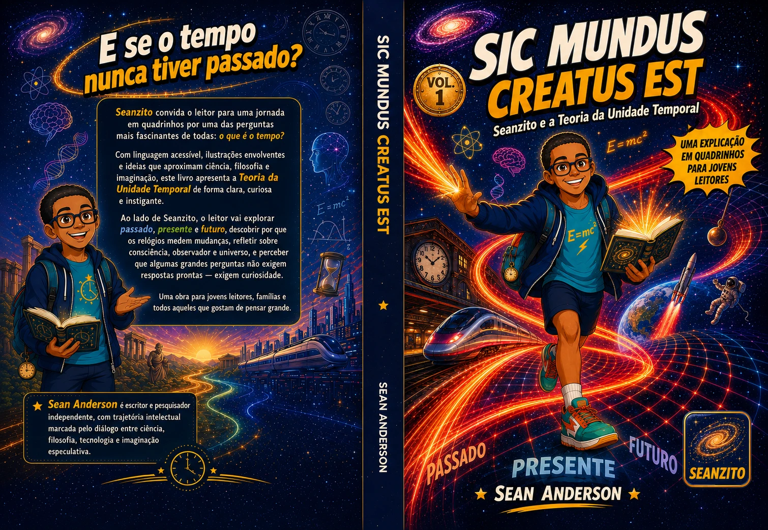 Capa completa do Vol. 1 — Seanzito e a Teoria da Unidade Temporal: contracapa com a pergunta E se o tempo nunca tiver passado, lombada e capa com Seanzito correndo entre trilhas de luz, trem, relógios e o foguete