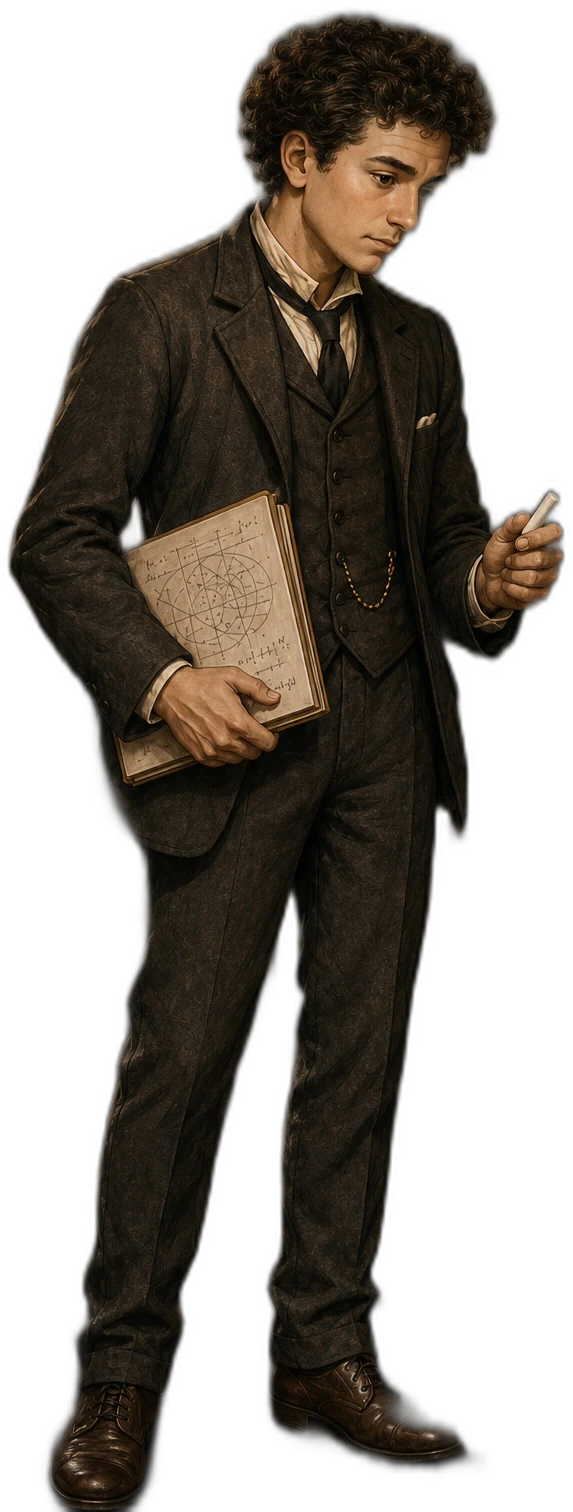 Albert Einstein jovem de corpo inteiro, com terno escuro de lã, colete, gravata estreita, giz na mão e caderno de fórmulas sob o braço