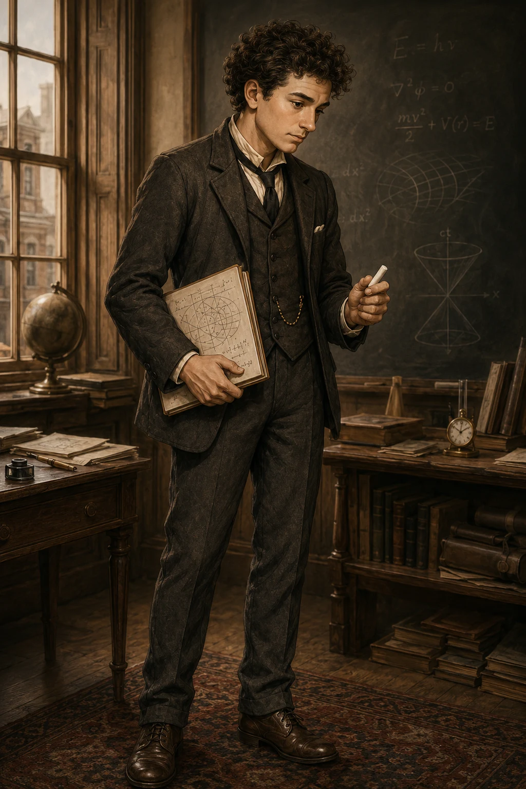 Albert Einstein jovem em seu escritório de estudos, com giz e caderno diante de uma lousa com equações, entre livros, globo e um relógio dourado