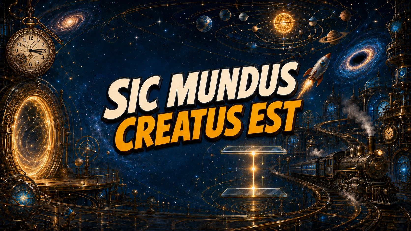 Sic Mundus Creatus Est — universo extraordinário do Seanzito com o título em destaque, portal dourado, relógio de bolso, planetas, foguete, buraco negro, relógio de luz e trem a vapor