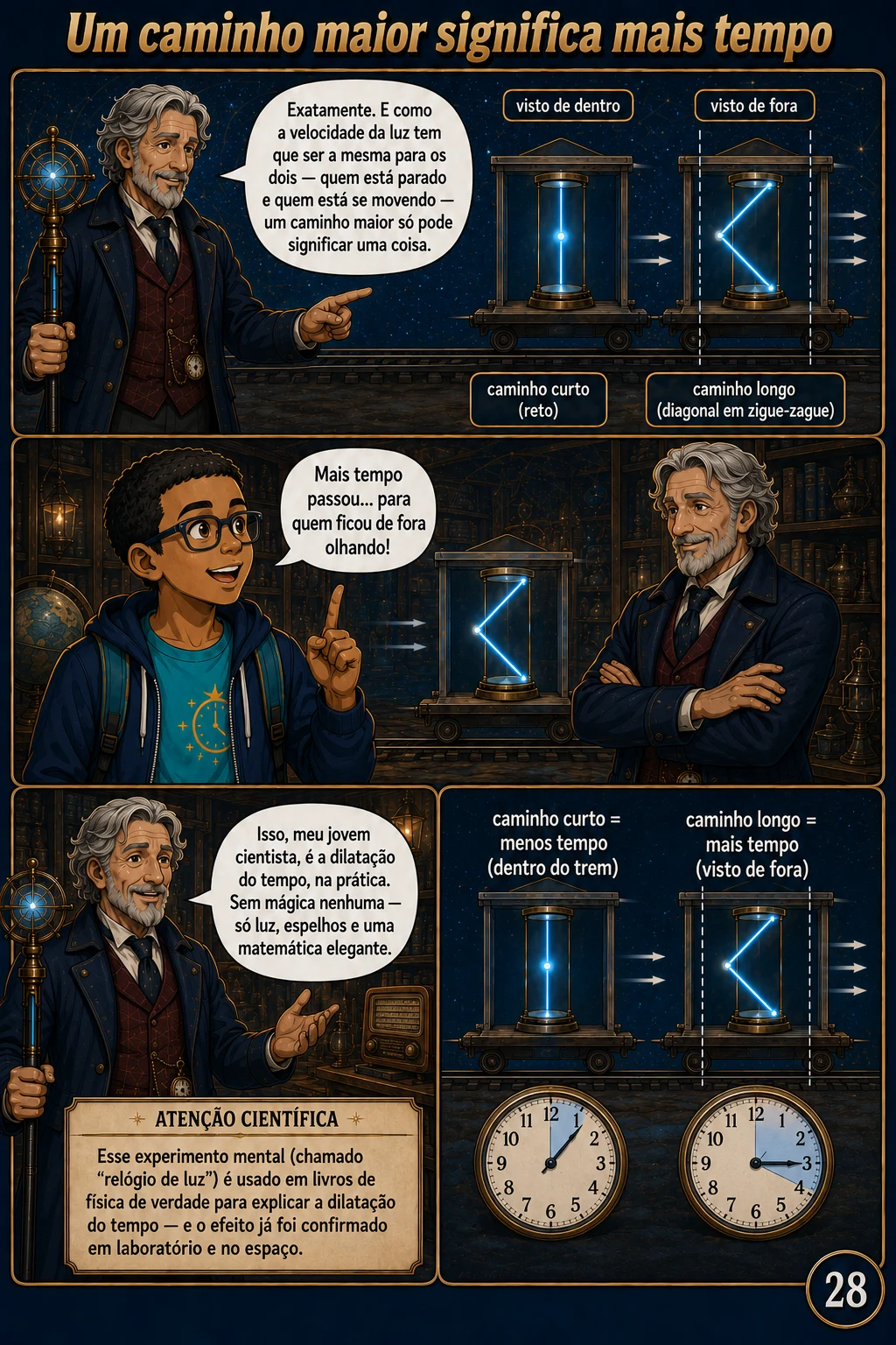 Página 28 da HQ — Um caminho maior significa mais tempo: Chronos mostra a Seanzito o relógio de luz visto de dentro (caminho reto) e visto de fora (zigue-zague), explicando a dilatação do tempo sem mágica, só luz, espelhos e matemática