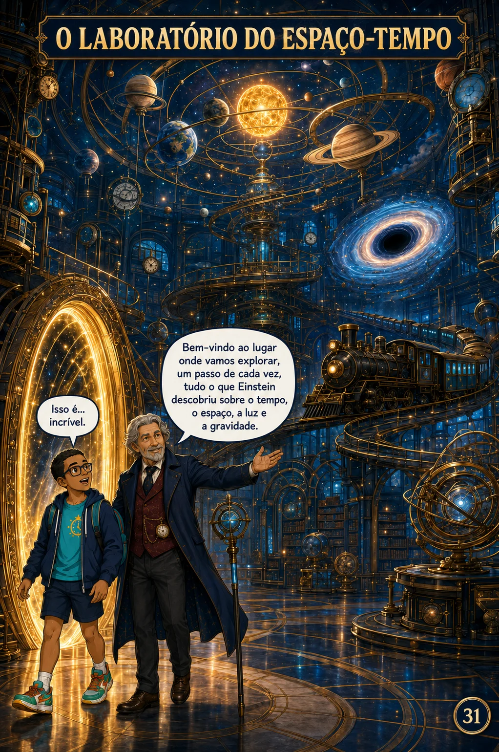 Página 31 da HQ: o laboratório do espaço-tempo com planetas, trem e portal dourado