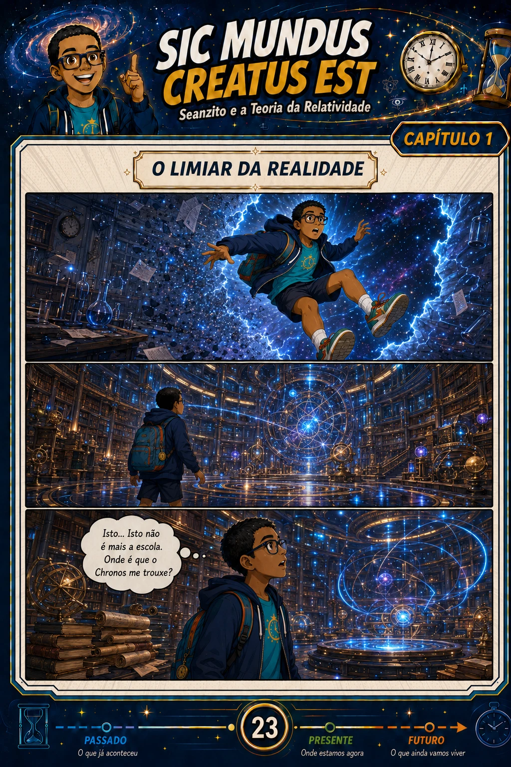 Página 23 do Vol. 2, capítulo 1 — O Limiar da Realidade: Seanzito atravessa uma fenda cósmica e chega a uma biblioteca-observatório repleta de instrumentos dourados, perguntando-se aonde Chronos o trouxe