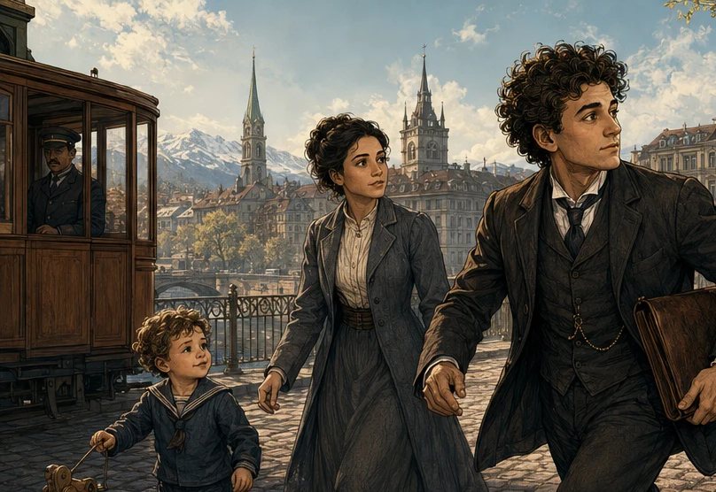 Einstein caminhando pelas ruas de Berna com a esposa e o filho pequeno, com o bonde e as torres da cidade ao fundo