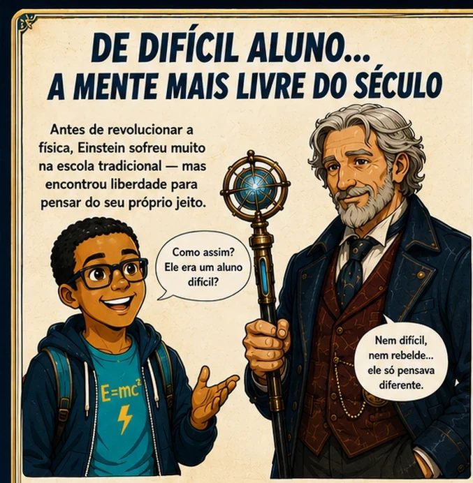 Chronos conta a Seanzito que Einstein sofreu na escola tradicional, mas nunca deixou de pensar do seu próprio jeito