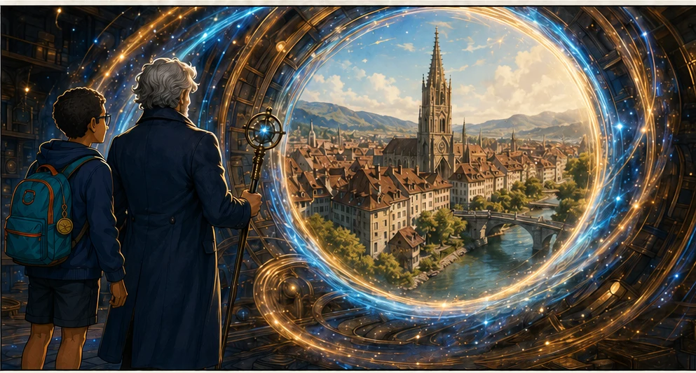 Seanzito e Chronos diante do portal dourado que se abre para a cidade de Berna