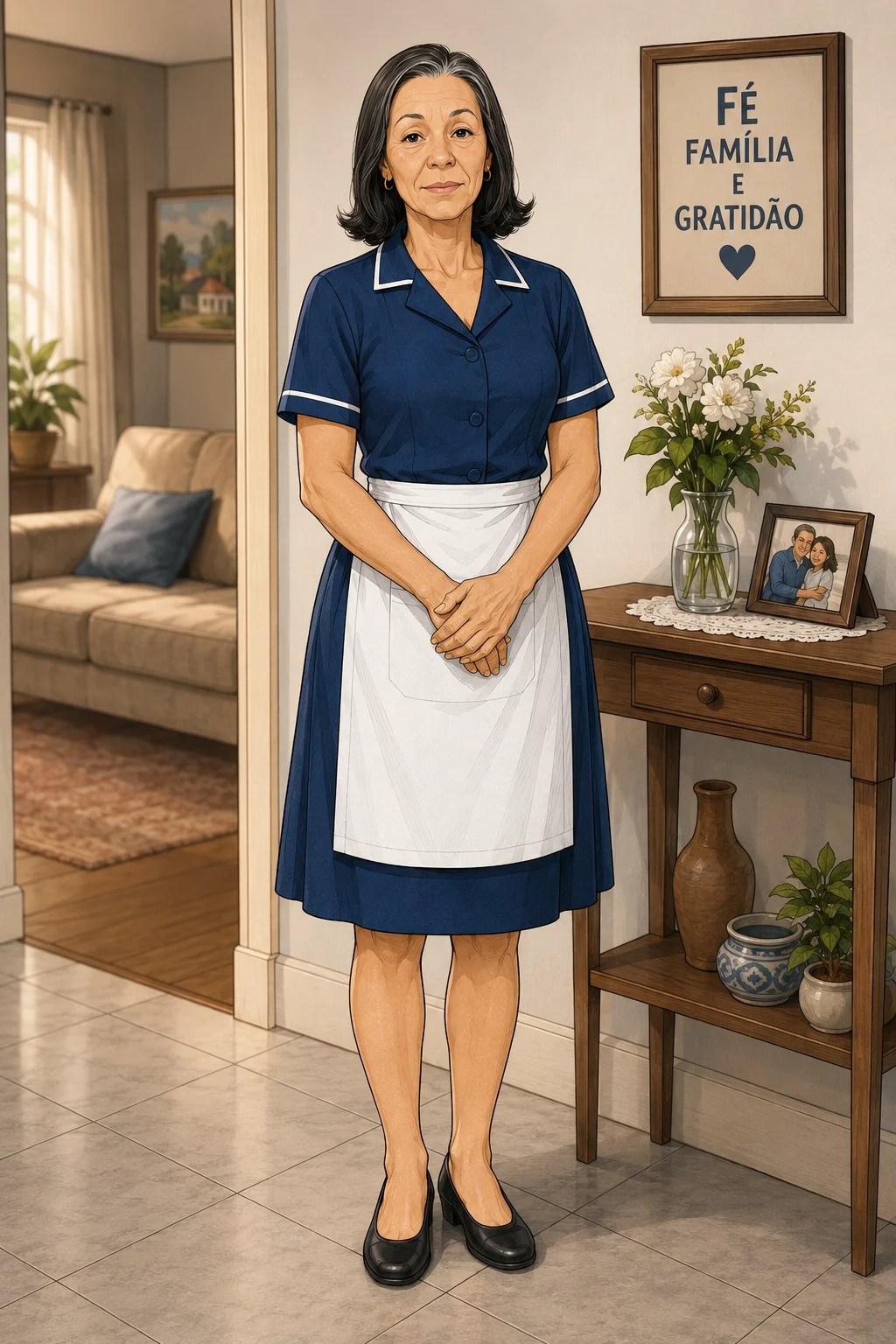Mãe de Seanzito em casa, de uniforme e avental, ao lado de uma mesinha com flores, retrato de família e um quadro com as palavras fé, família e gratidão