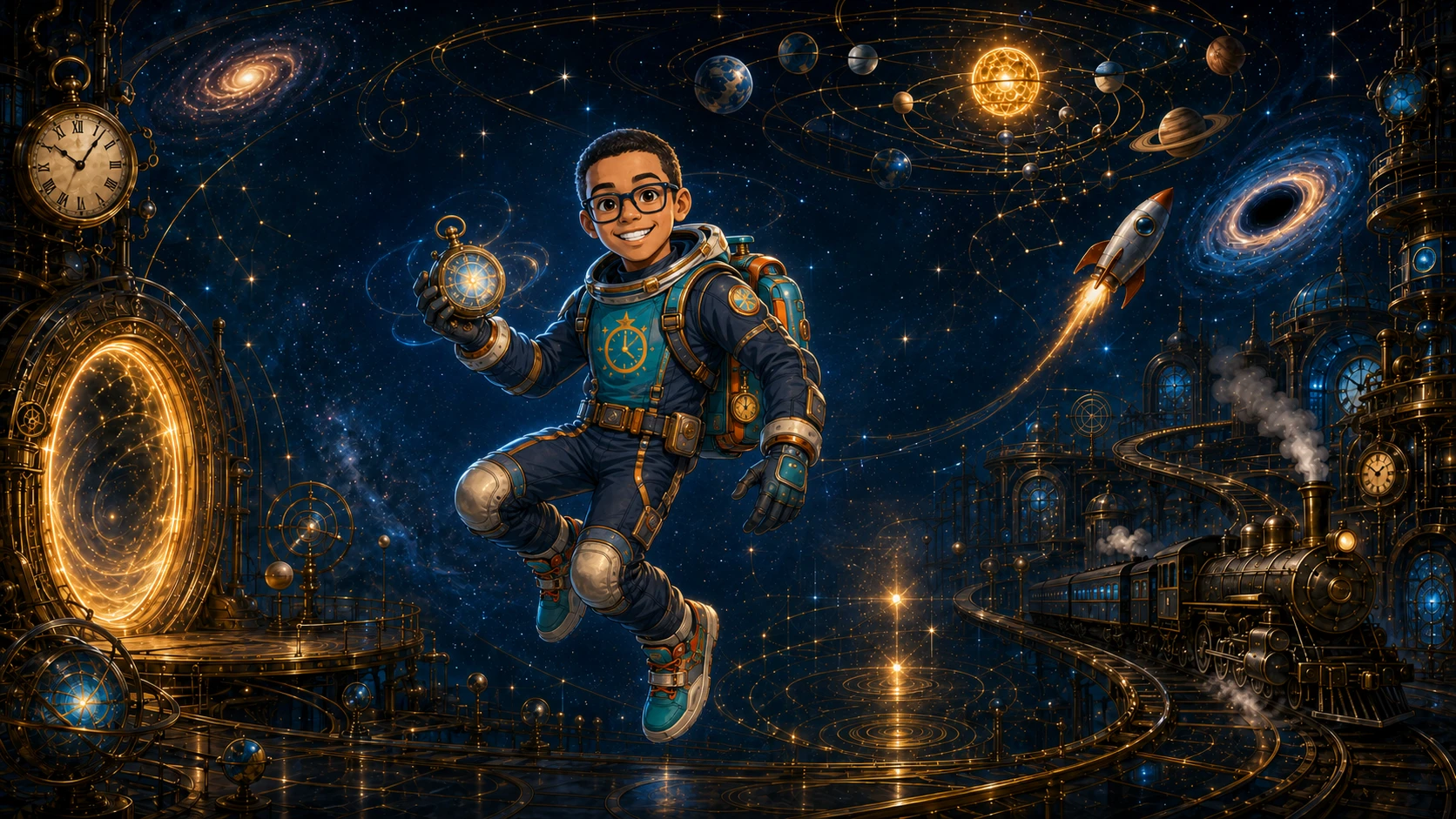 Seanzito, o astronauta do tempo, flutua entre relógios, planetas, um portal dourado e uma locomotiva estelar