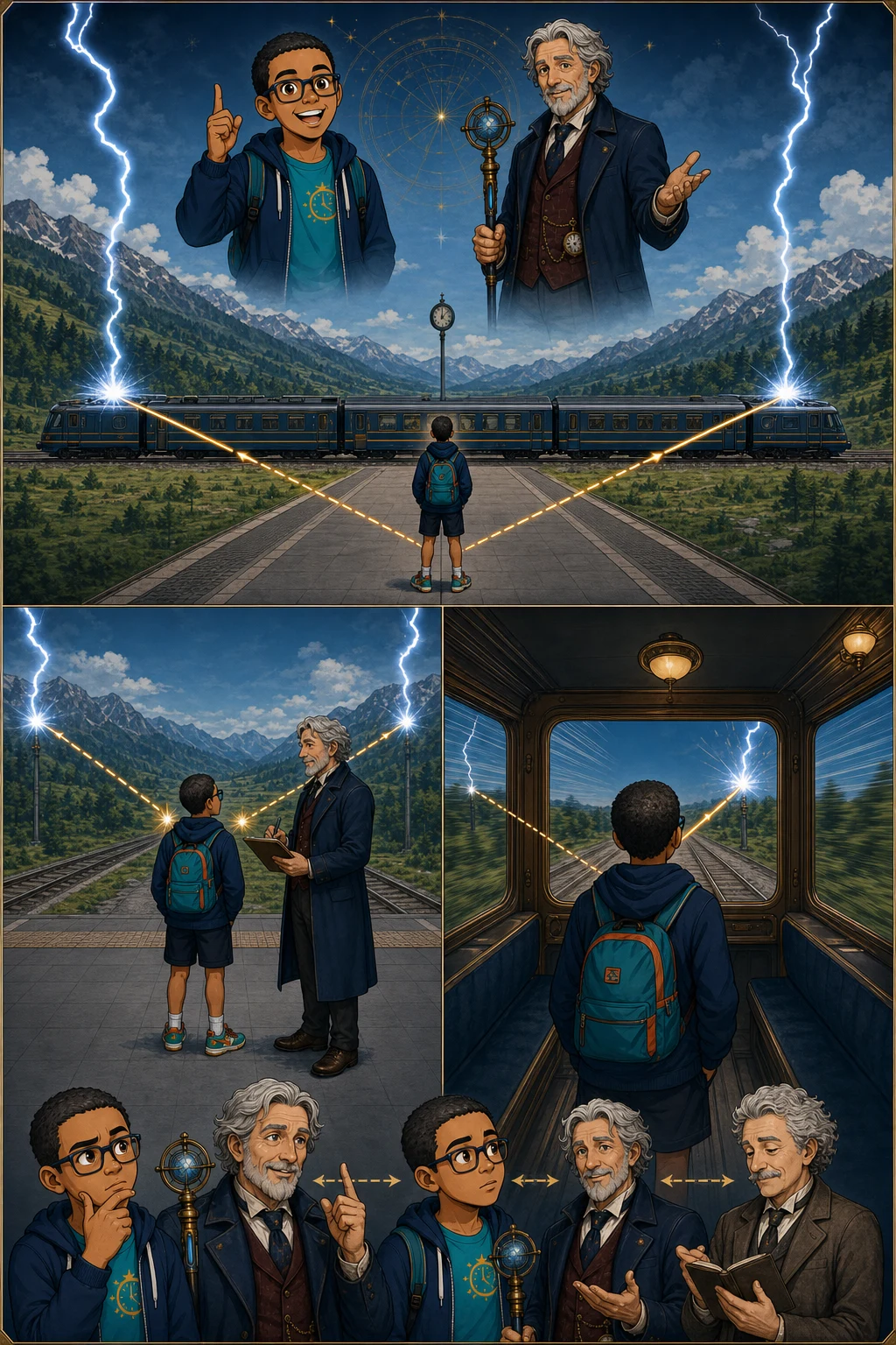 Seanzito em ação no experimento dos raios e do trem: dois raios caem nas pontas de um trem enquanto Seanzito observa da plataforma, dentro do vagão e ao lado do Professor Chronos e de Einstein